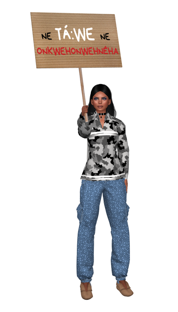 Digital drawing of figure in blue pants and printed top holding protest sign.