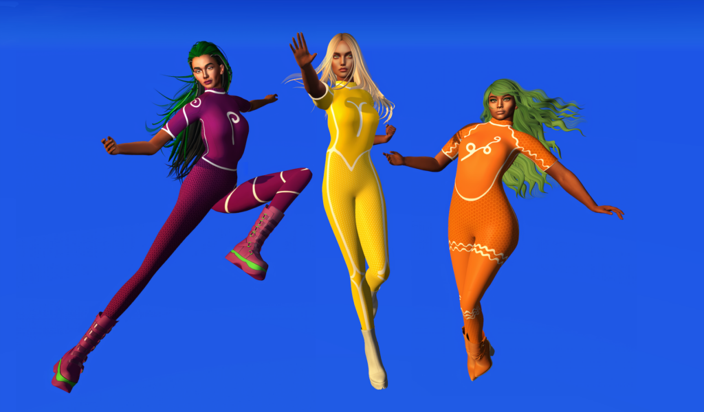 Digital drawing of three figures in brightly colored catsuits strike superhero poses against blue background.