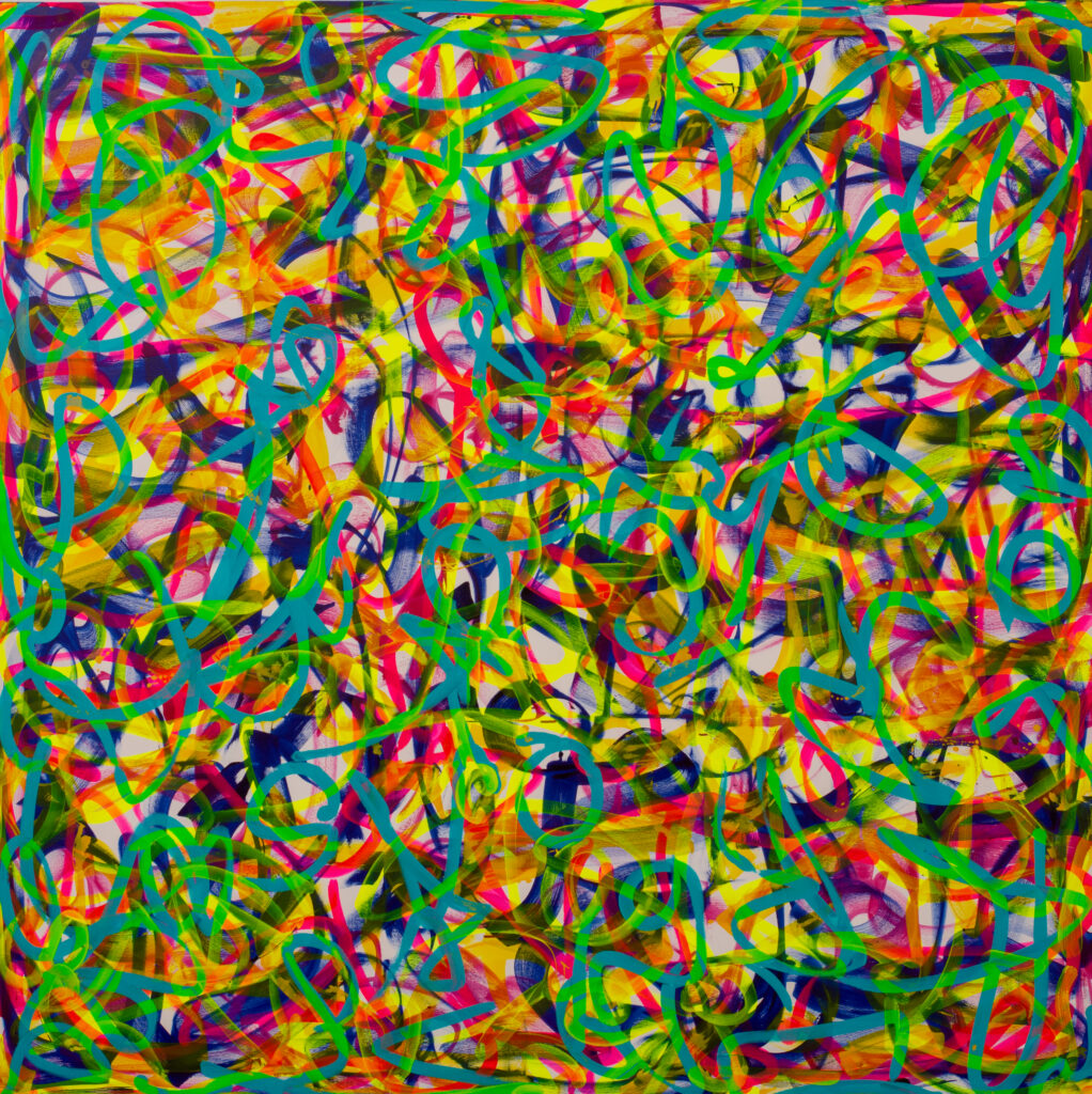Square painting with dense lines of green, red, purple, yellow, pink, and blue.