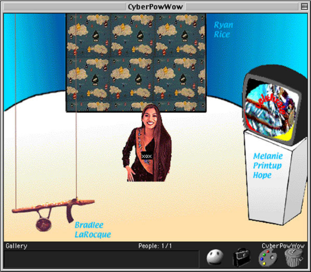 Screen shot of vintage computer program titled CyberPowPow, with avatar surrounded by virtual artworks.