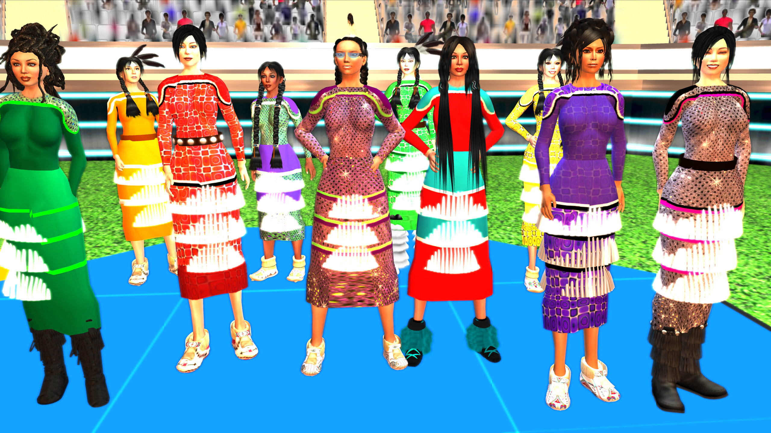 Digital drawing of 10 people wearing jingle dresses in bright colors, standing with hands on hips.