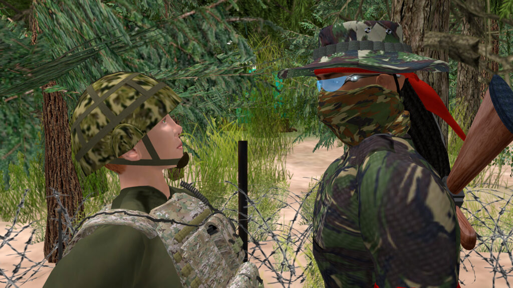 Digital animation of two people dressed in camouflage facing each other, with forest and barbed wire in background.
