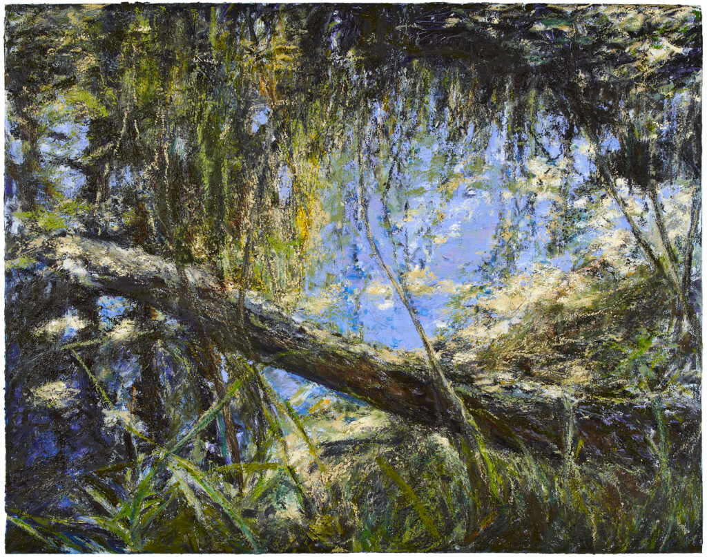 Impressionistic painting of the edge of a pond with reflection of the sky and a log