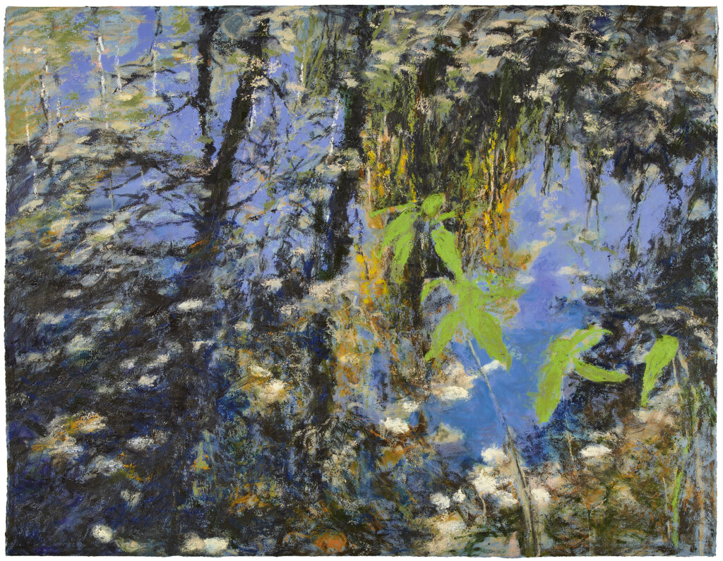 Impressionistic painting of the edge of a pond with reflection of the sky and green and brown leaves