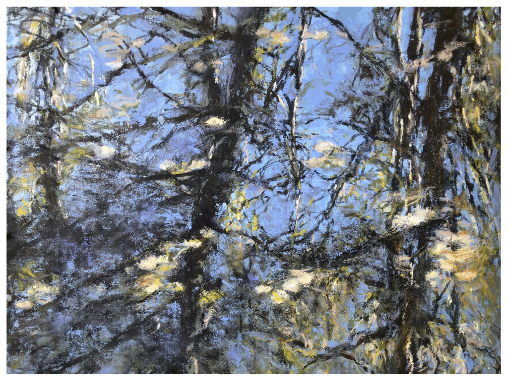 Impressionistic painting of the sky and trees reflected in water.