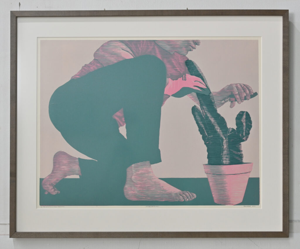 Person pruning a potted cactus in pink and green tones.