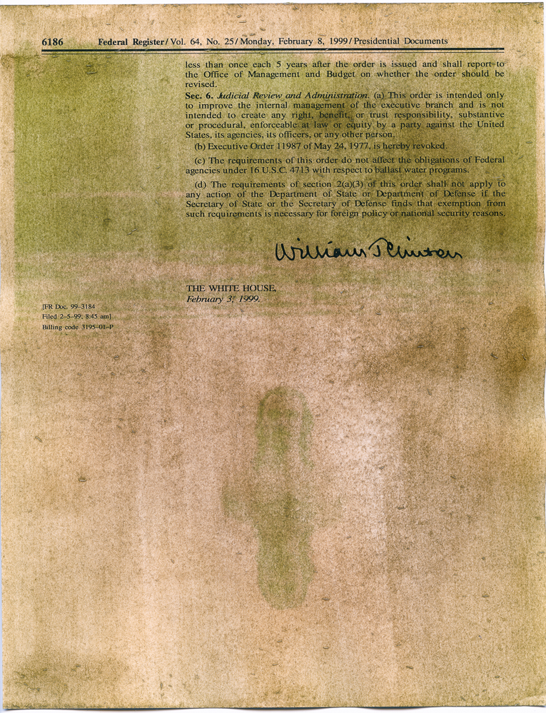 Weathered paper with black text in paragraphs overlaid with green.