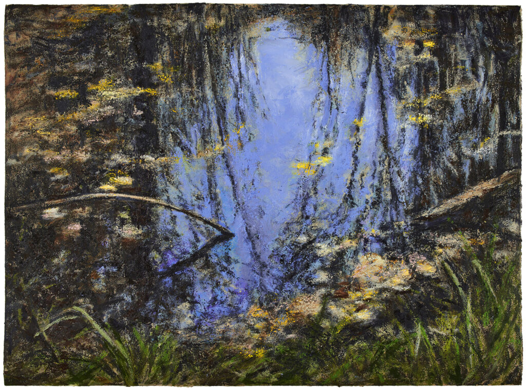 Impressionistic painting of the edge of a pond with reflection of the sky