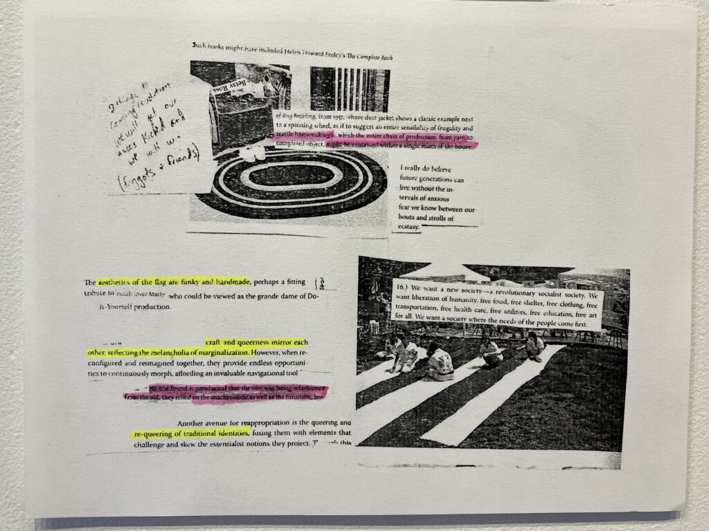 Book text with black and white photos and pink and yellow highlights.