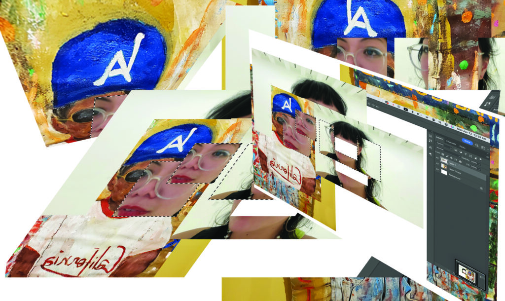 Digital collage with selfie photos, a painting of a person in a blue baseball hair, repeated and overlaid in screenshots of Photoshop.