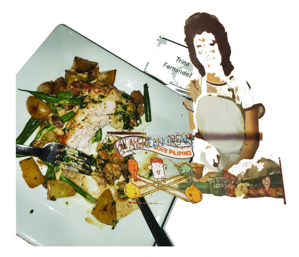 Digital collage with plate of food, nametag, illustrations of vegetables, and a person chopping vegetables.