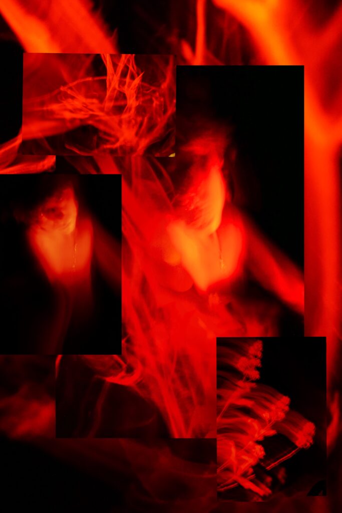 Collage with red flames and on black background
