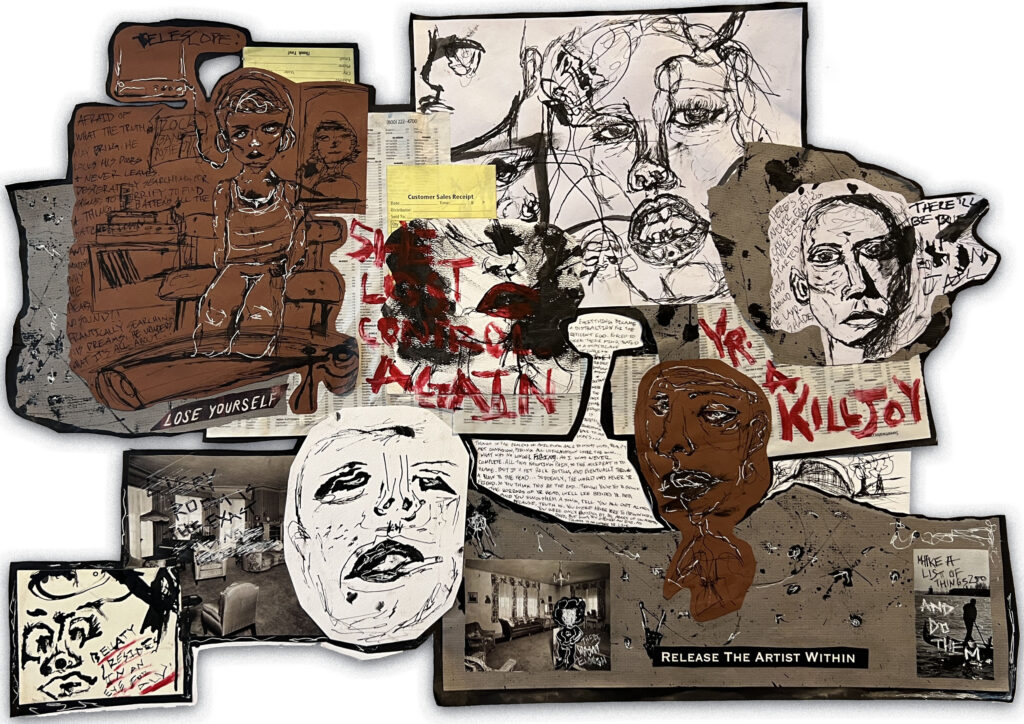 Collage with ink drawings of faces, and brown, brick red, and yellow colors.