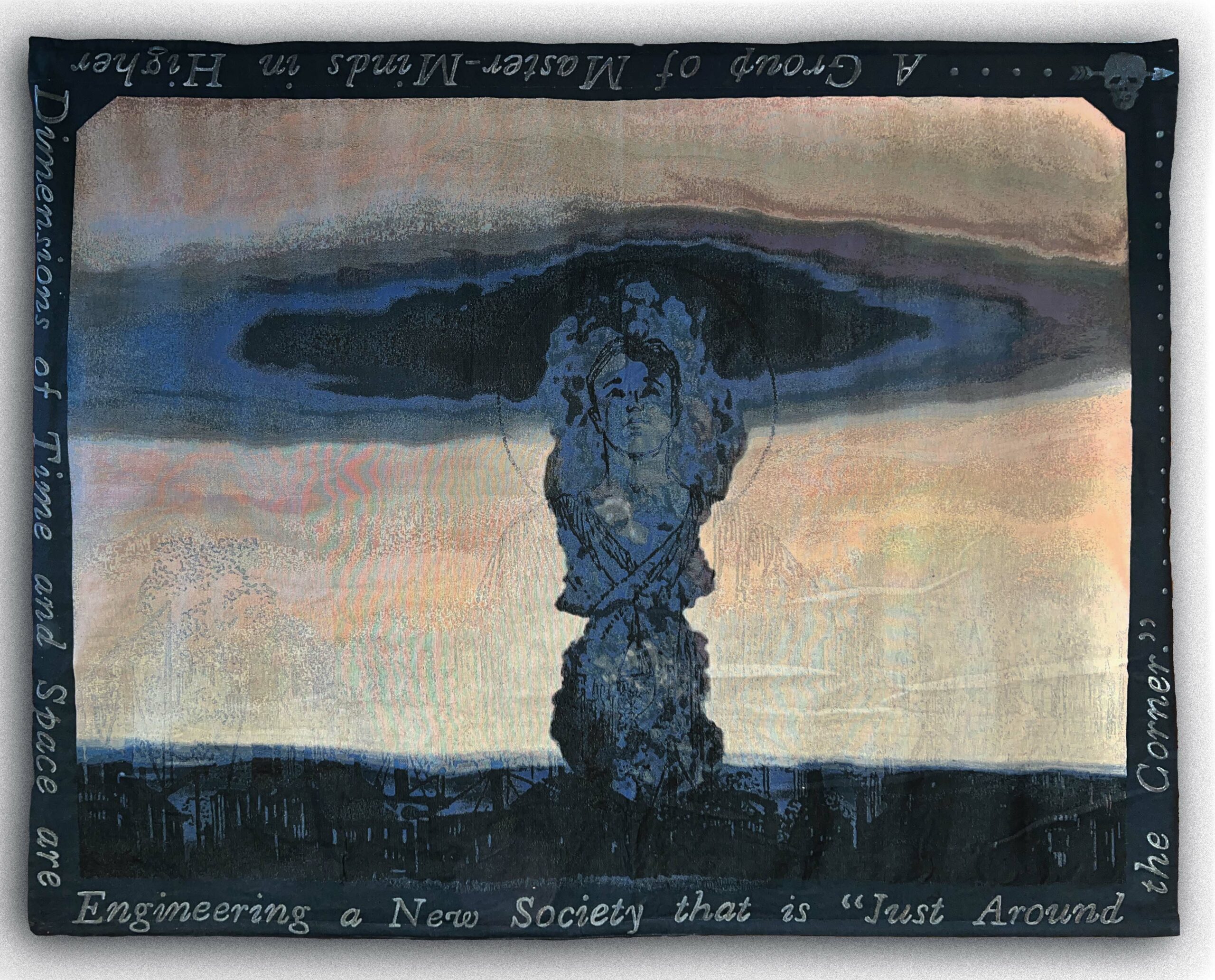 Tapestry with dark blue mushroom cloud with face inside it.