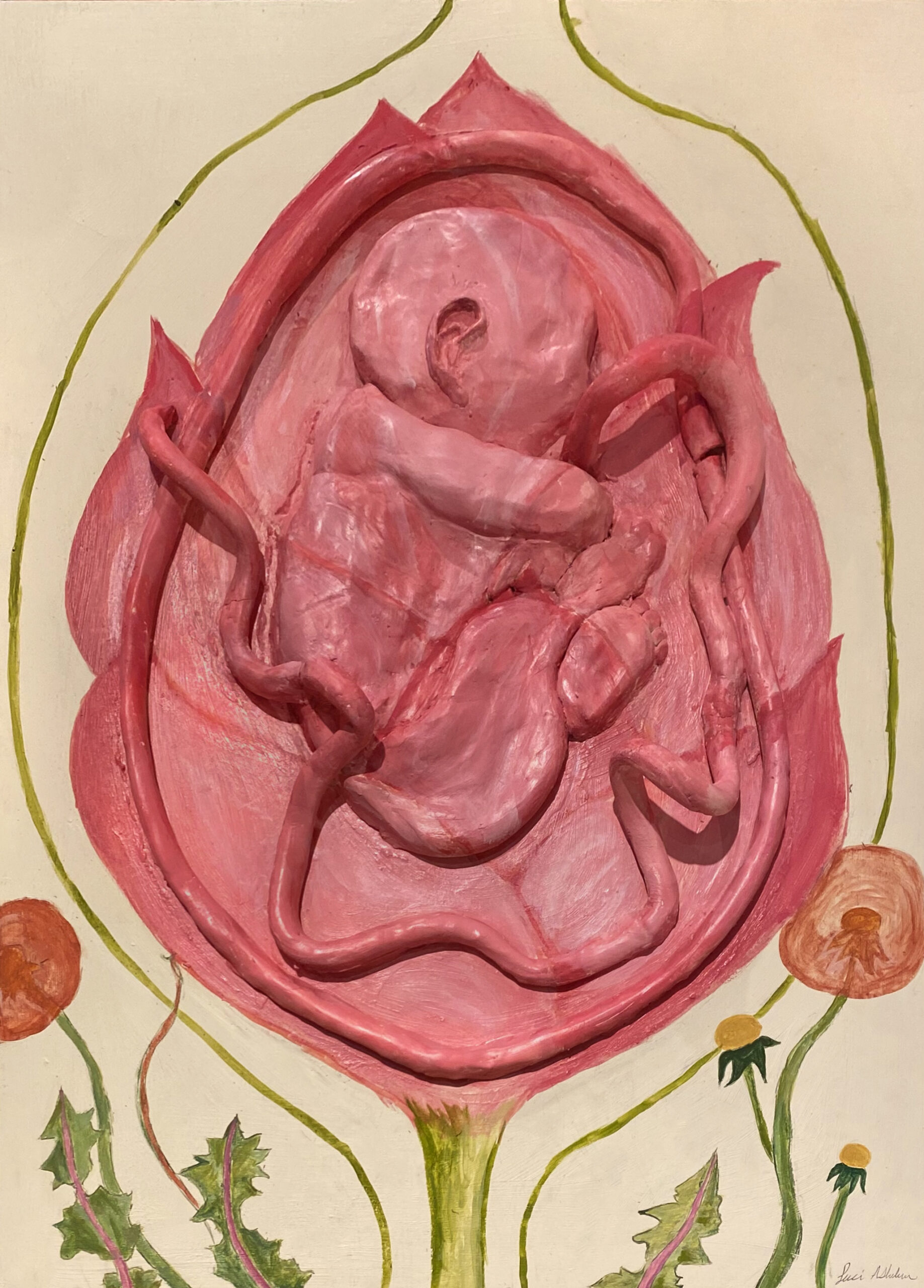 Clay form on wood panel, painted pink and in the shape of a rose.