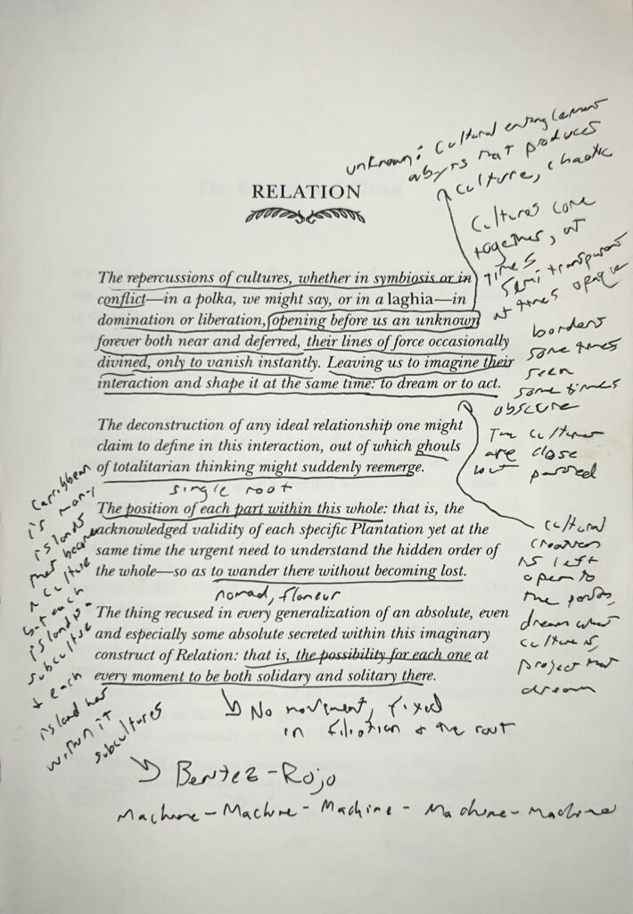 Book page with the title "RELATION" with many hand-written notes and underlines.