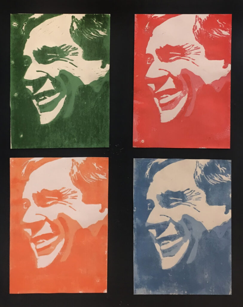 Drawing of the same face in four quadrants, in green, red, orange, and blue.