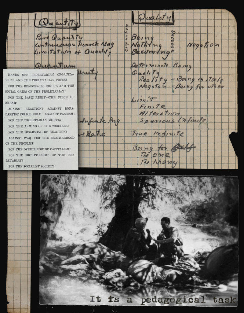 Collage with notebook page, typed text, and black and white photo of people sitting under tree.