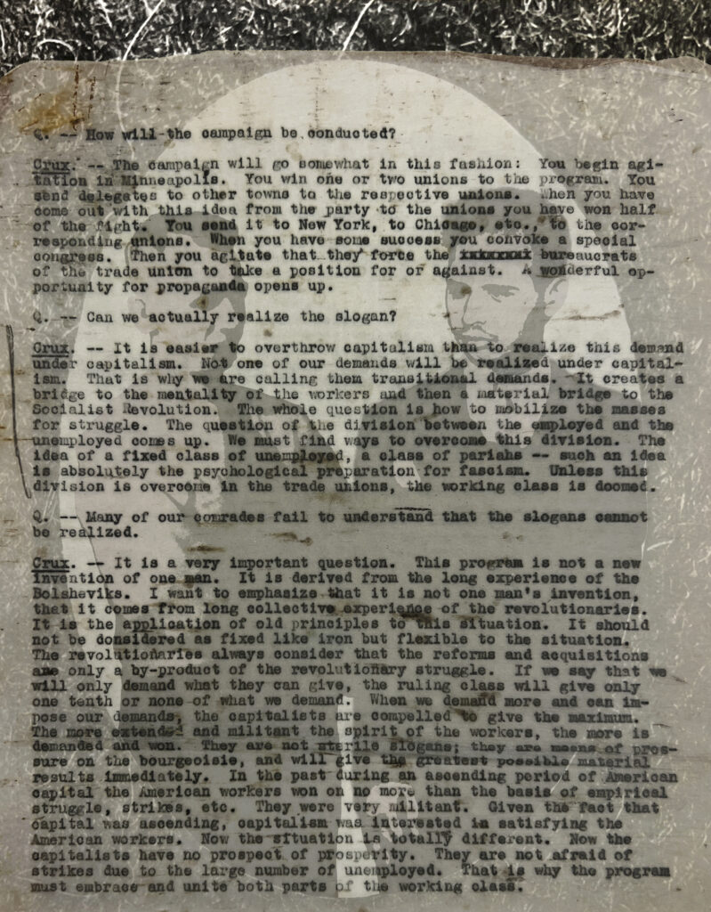 Page of typewritten text laid over image of two people and mottled pattern.