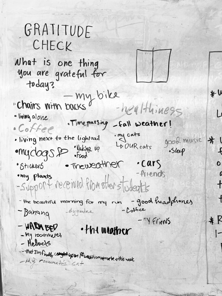White board with text in black marker, with the title "GRATITUDE CHECK".