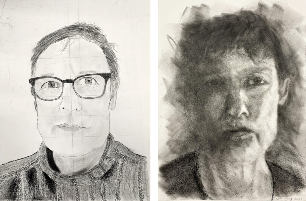 Two portraits drawn in pencil, left image with fine lines and details and right image with smudges and shading.