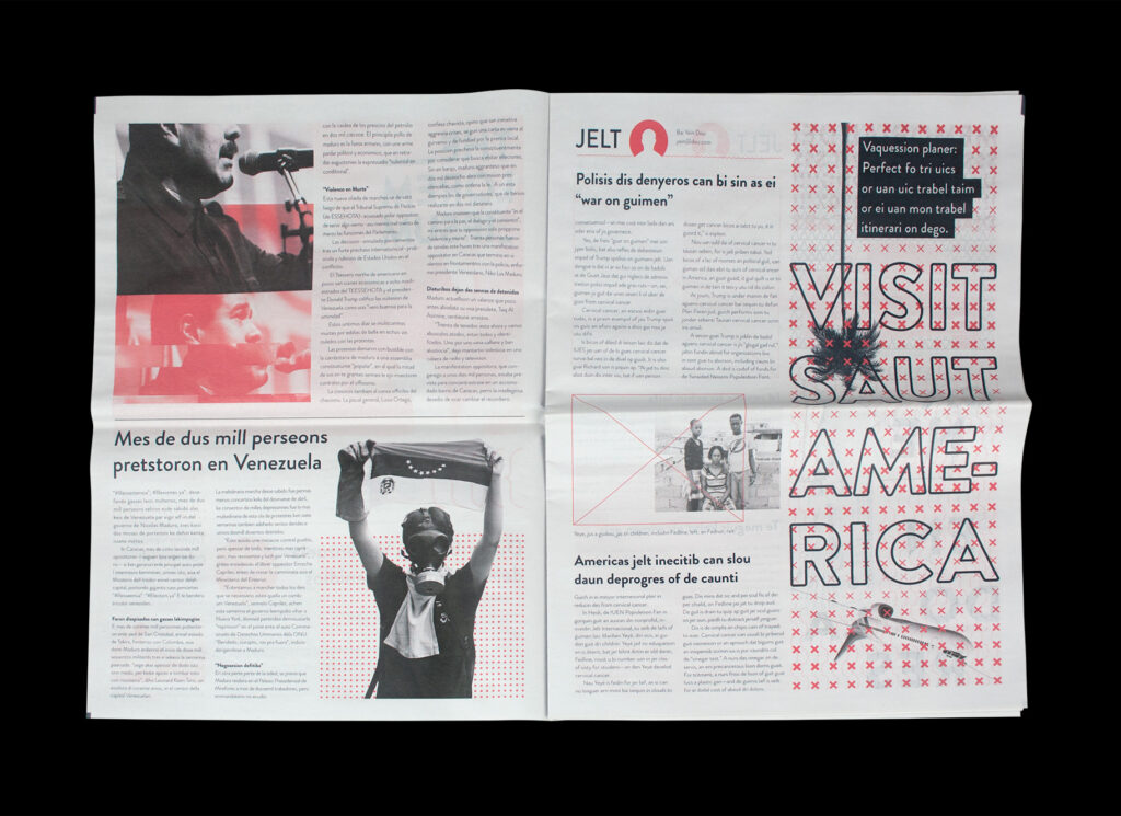 Printed newspaper with text and images in red and grayscale.
