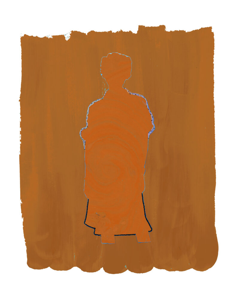 Orange silhouette of a person against brown paint.