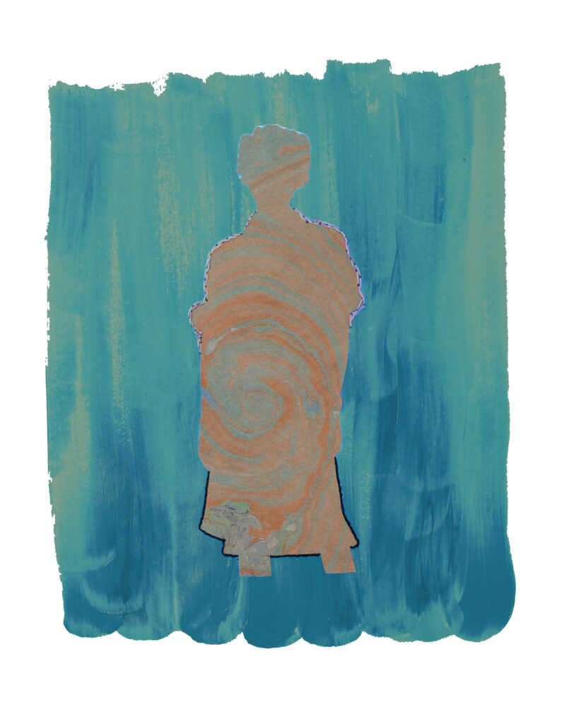 Marbled silhouette of a person against teal paint.