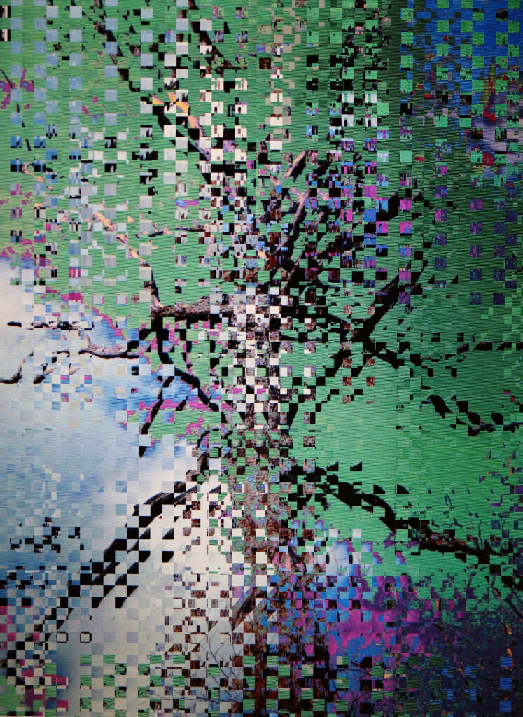 Glitchy grid a tree like shape mixed with green, purple, clouds