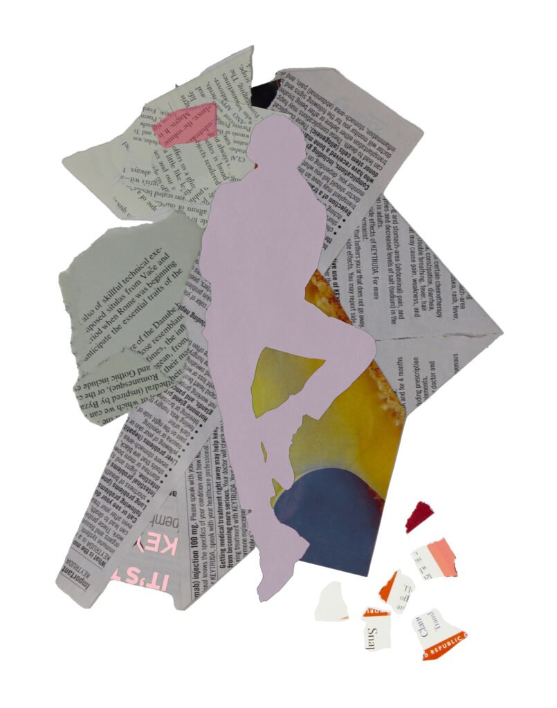 Collaged text with silhouette of person overlayed.