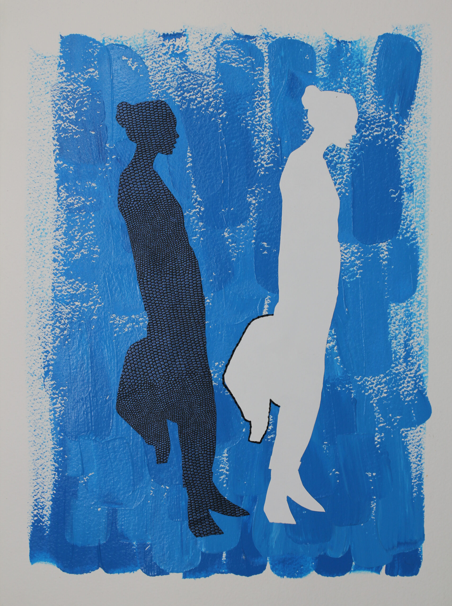 Two silhouettes against blue brush strokes, one dark and one light.