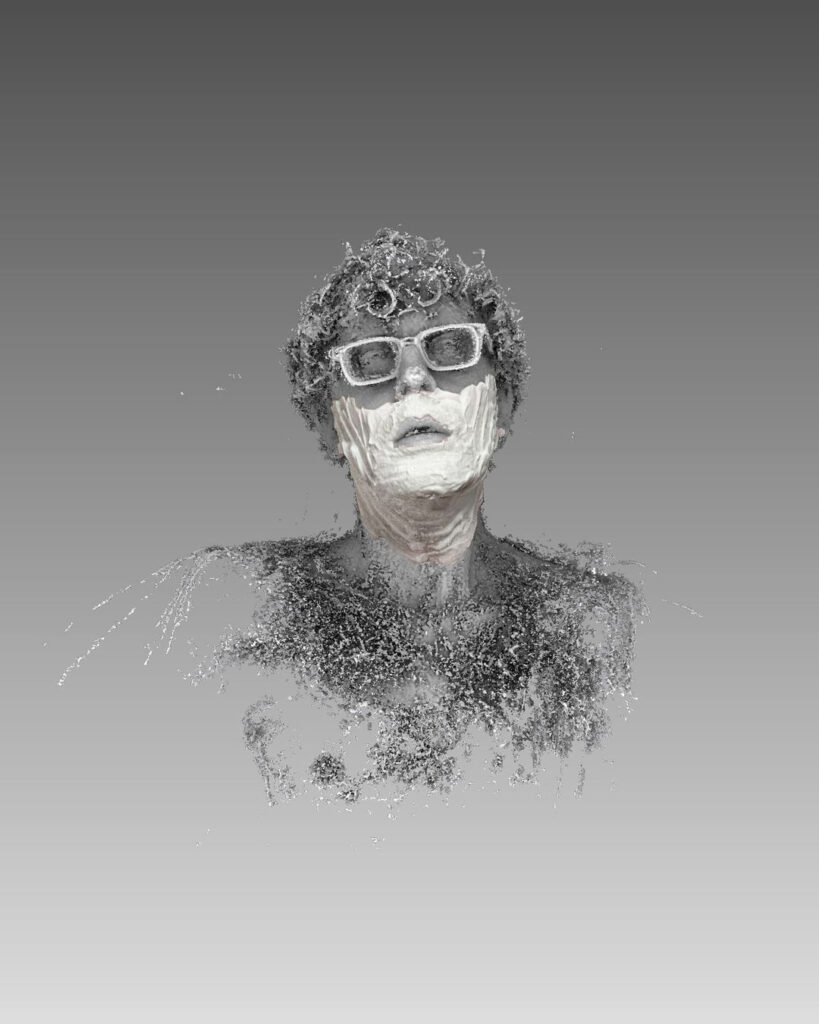 Glitchy grayscale busy of person with sunglasses and shaving cream