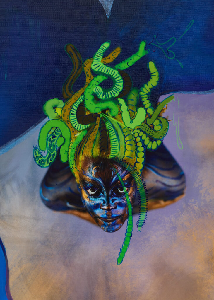 Dark-skinned person with snake-like green hair looks up