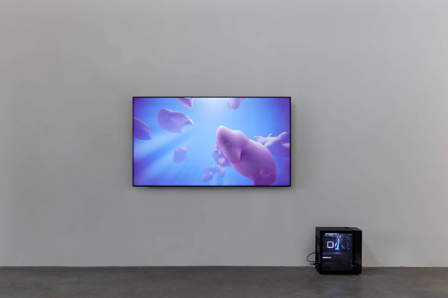 TV on white wall showing film of ambiguous shapes in water