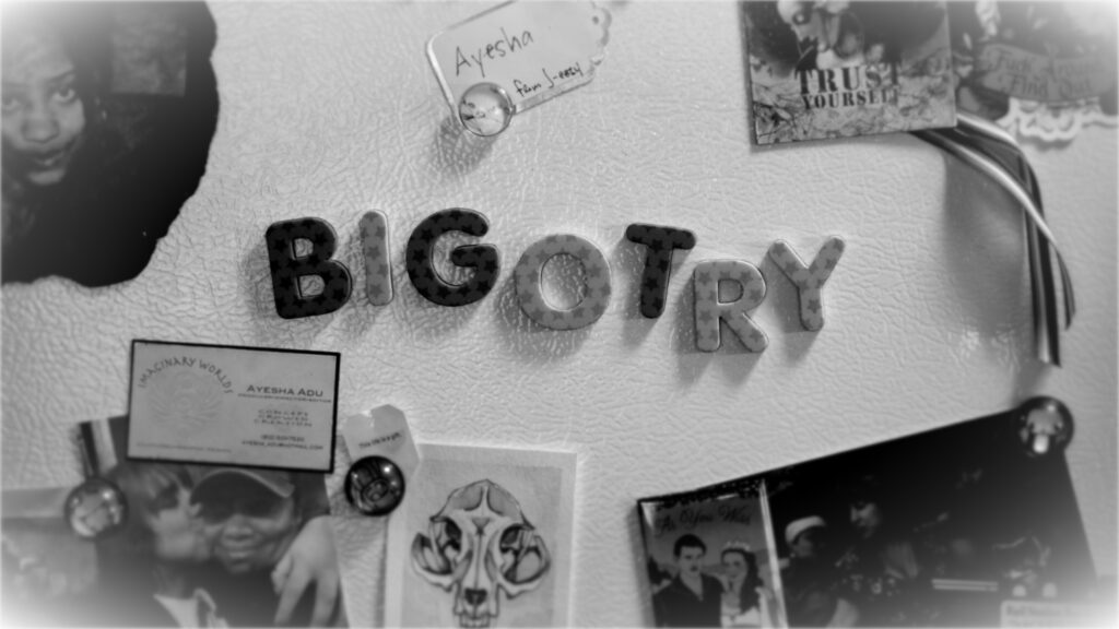 Fridge with photos and magnetic letters spelling "bigotry"