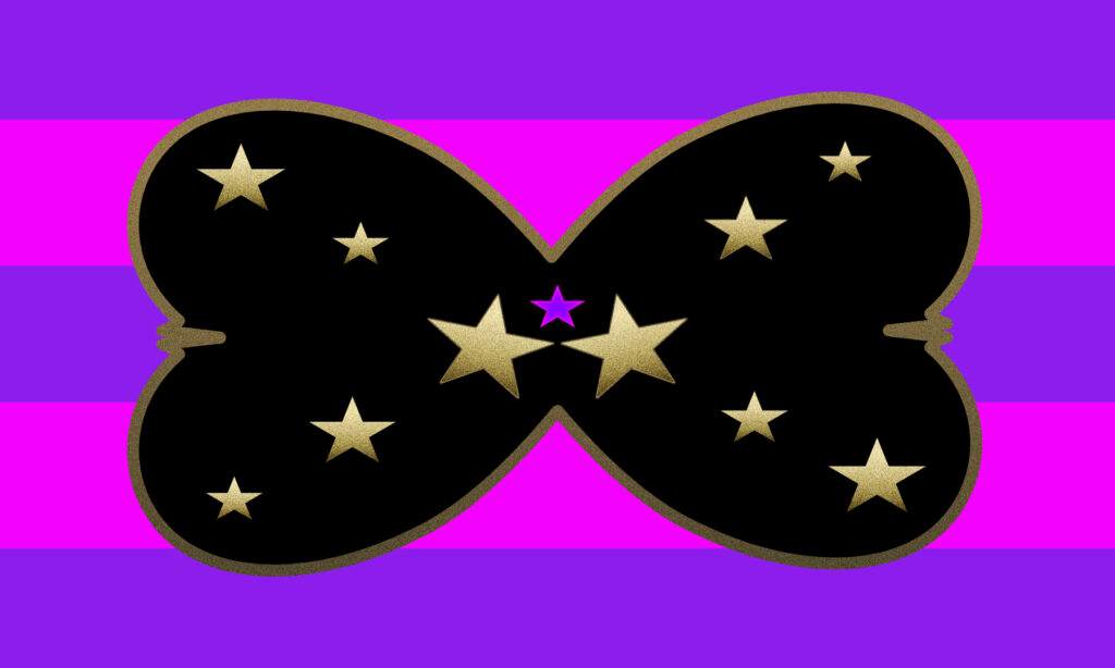 A rectangle with purple and magenta horizontal strips with two conjoined hearts in the middle. The hearts are black with gold, metallic trim. Inside the heart are 10 gold, graduated, metallic hearts, the eleventh star is magenta and purple