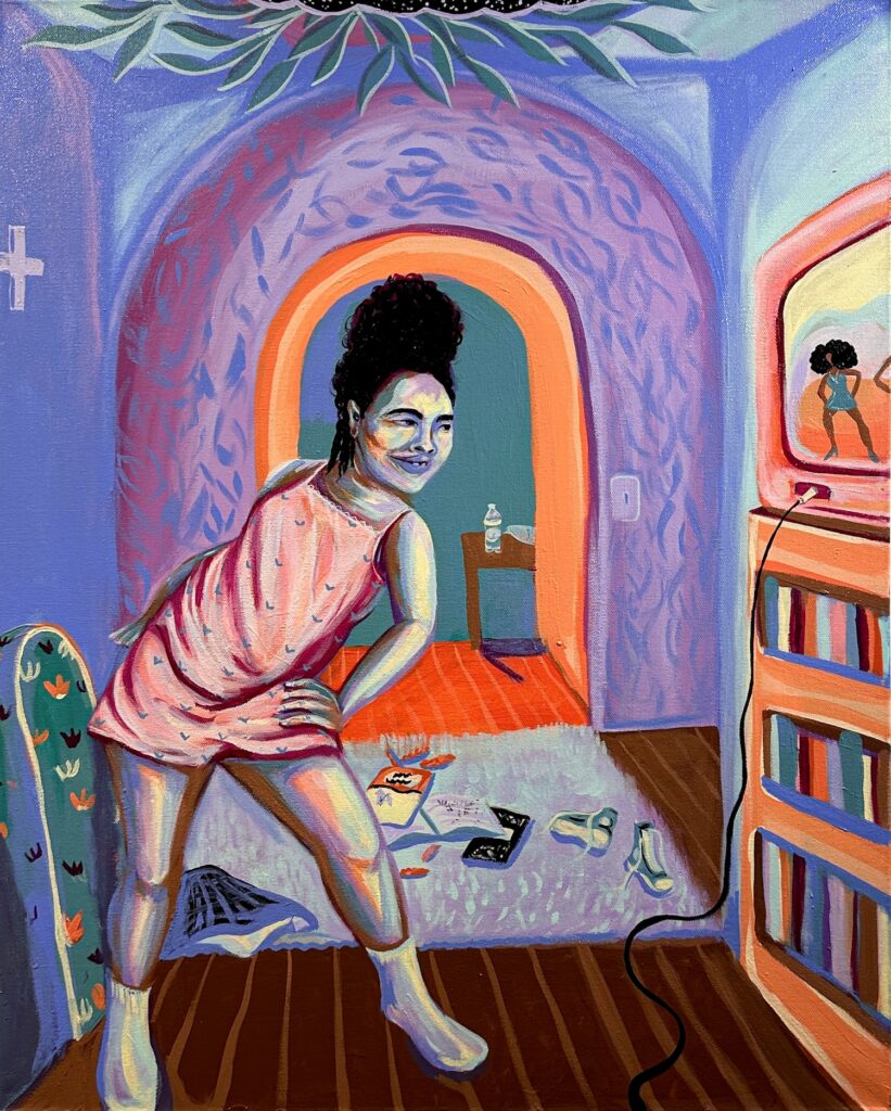 Colorful painting of girl leaning on leg to dance while watching TV