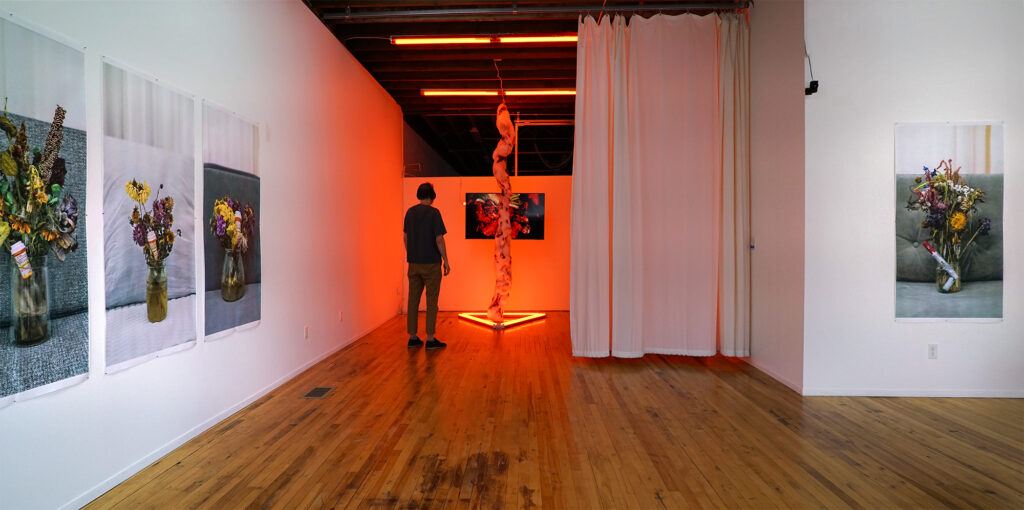 Gallery with photographs of flowers on the walls and an orange lighted sculpture in back