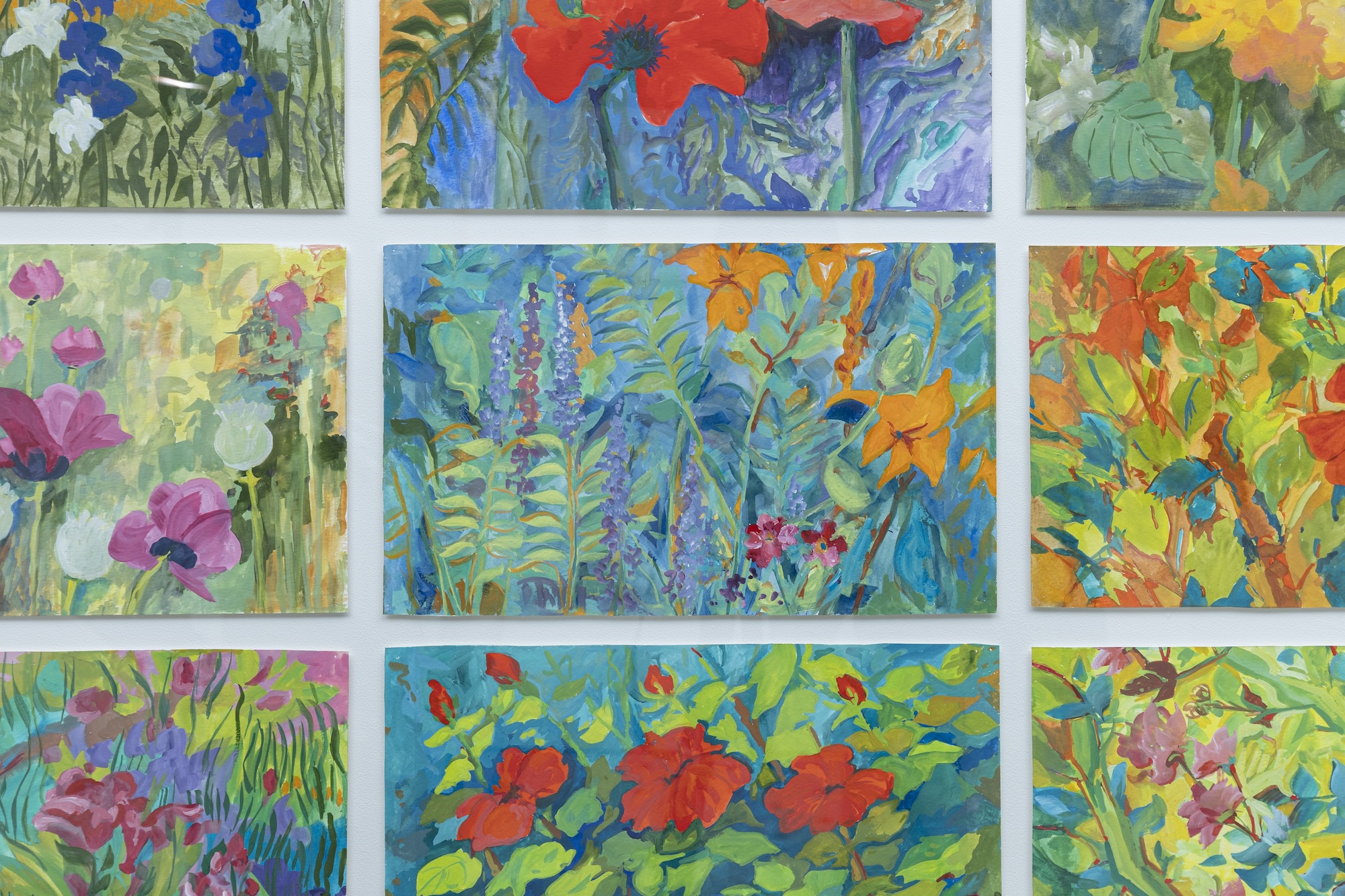 Colorful paintings of flowers hung in a grid