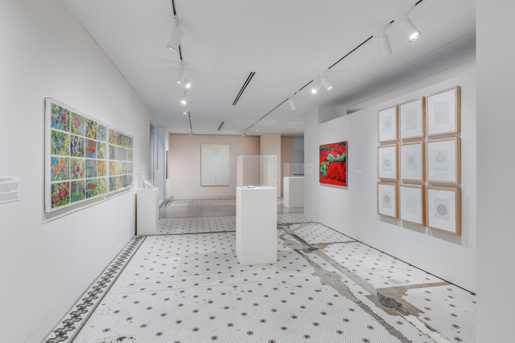 White museum space with grid of colorful flowers on left, grid of minimal art on right, and podium.