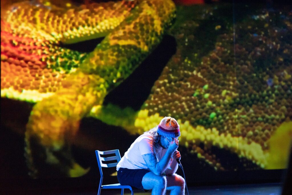 Person sits in chair with micrphone on dimly lit stage, leaning forward into hand, a projected chameleon in the background.