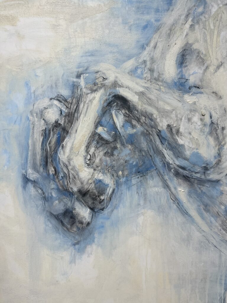 Close up of impressionistic painting of a white horse's front legs lifted in the air