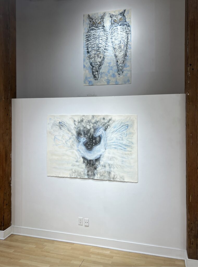 Two paintings, one above the other: the top of two owls and bottom of j a part bird-part-horse