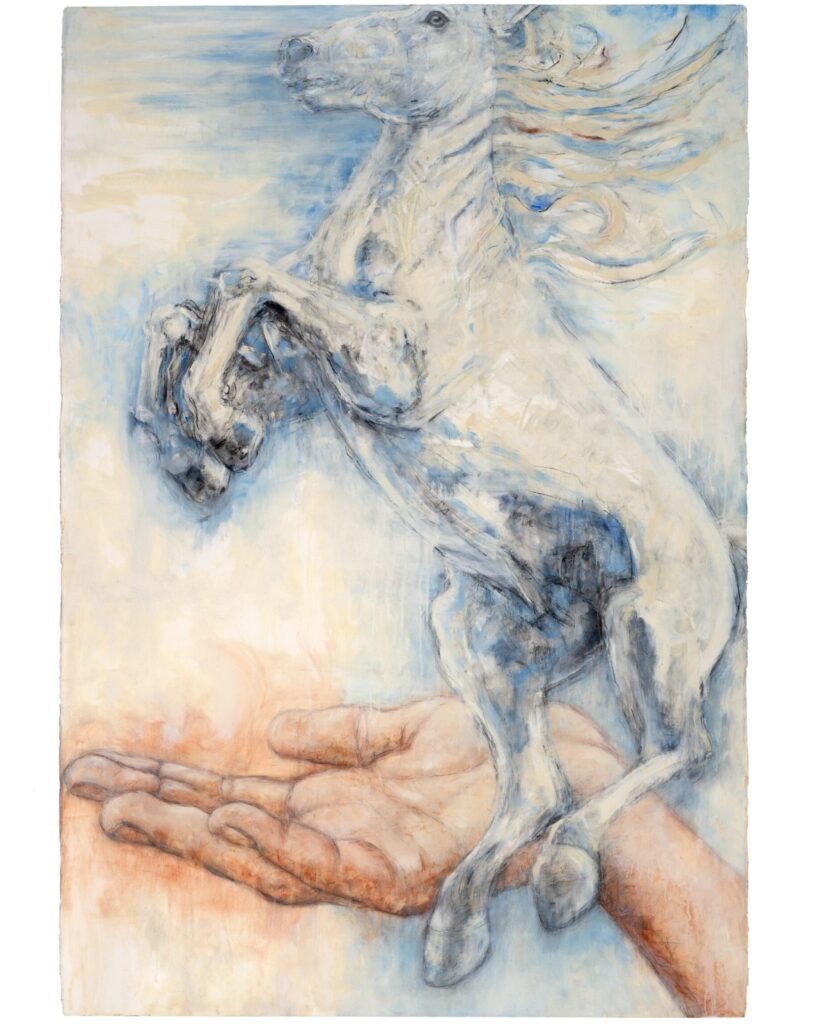 Impressionistic painting with white horse rearing up, a person's open palm below