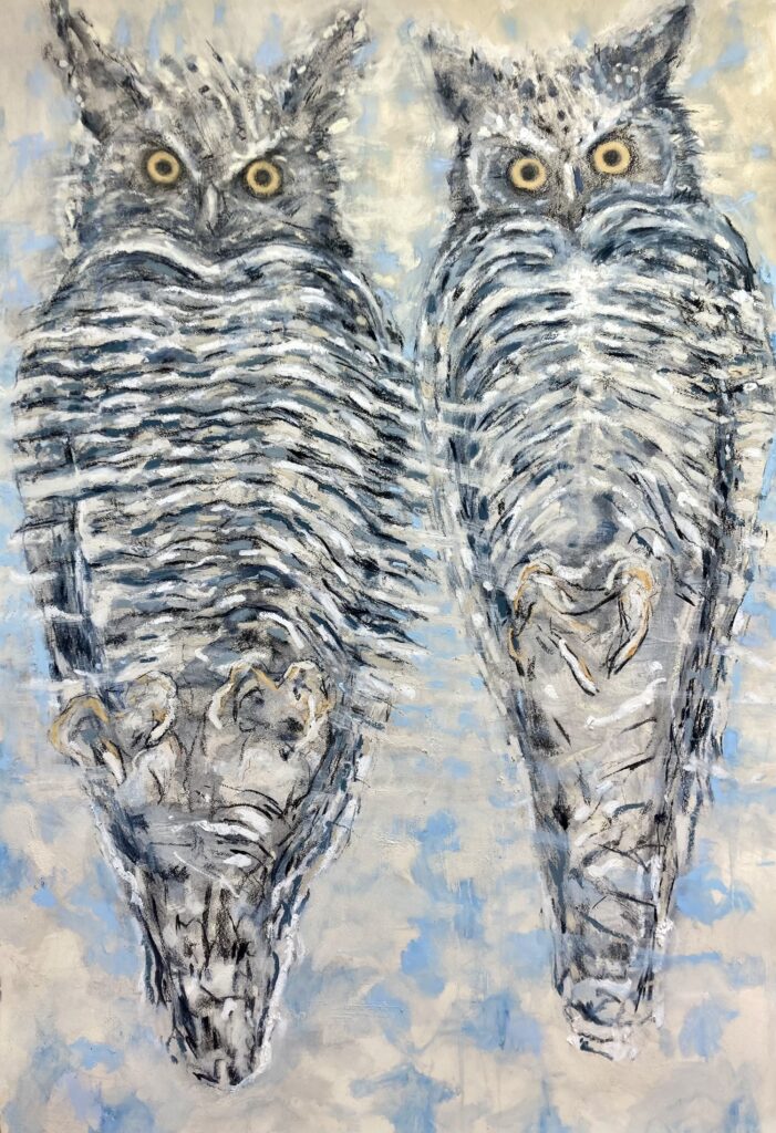 Painting of two striped owls side by side