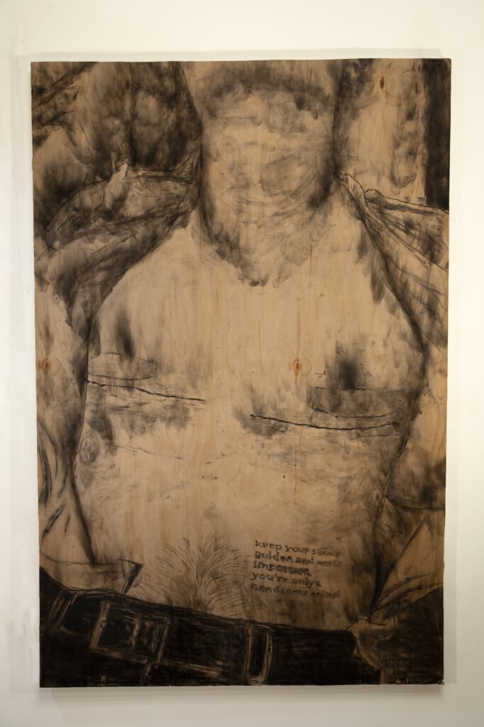 Charcoal drawing on wood panel of persons torso with scars from top surgery and face blurred