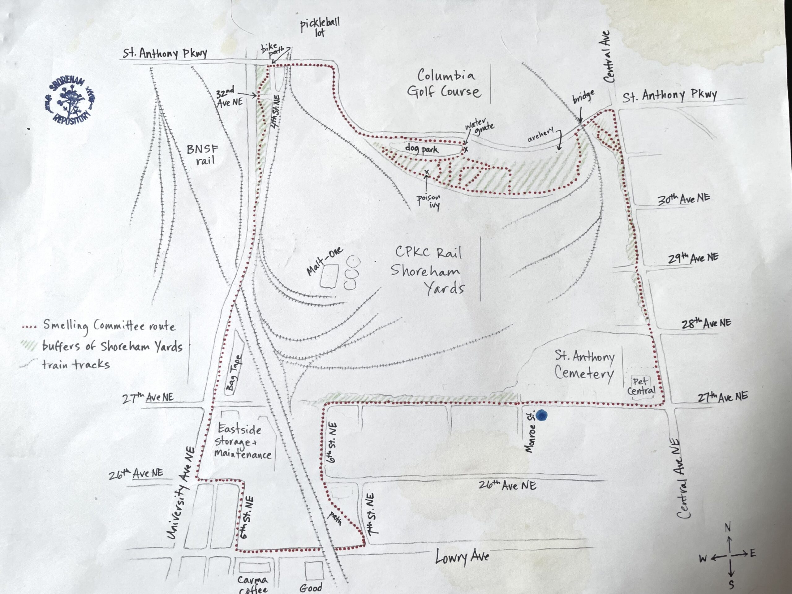 Hand-drawn map of rail yard and neighborhood around, with pathway indicating walking route around rail yard