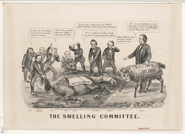 Etching of politicians standing around a horse laying down with "impeachment" banner on it, and sheep with "30.000" on it's side. Multiple men are plugging their noses and have speech bubbles with text